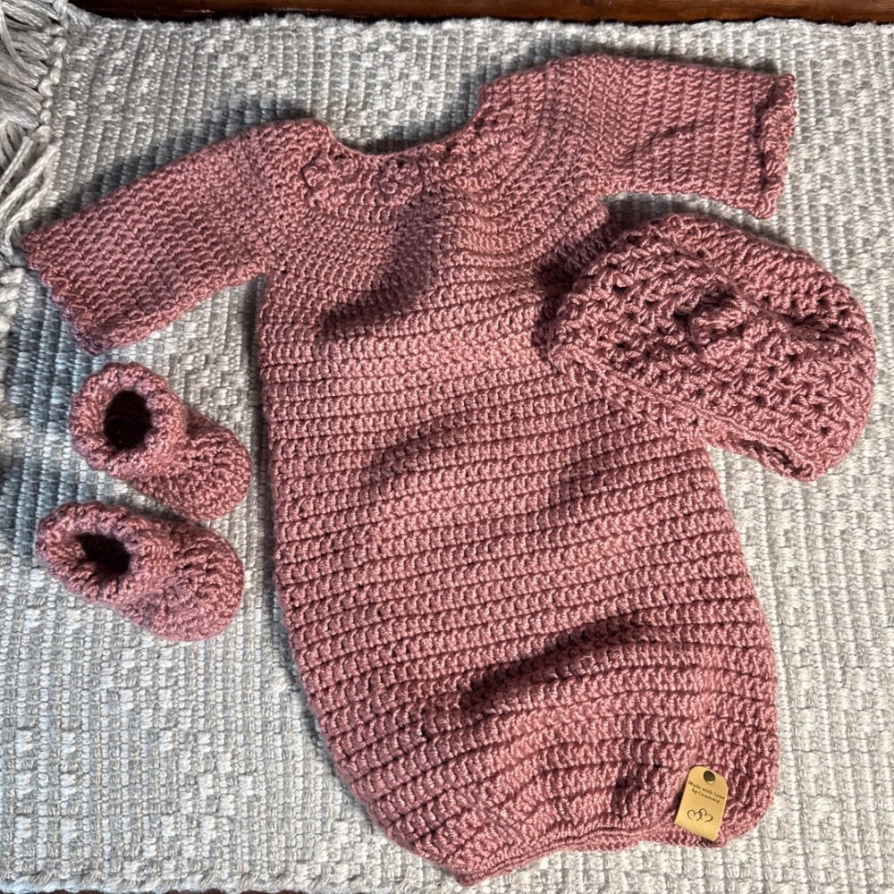 Handmade Crochet Baby Romper Bonnet Booties Floral Heirloom Set 0-3M